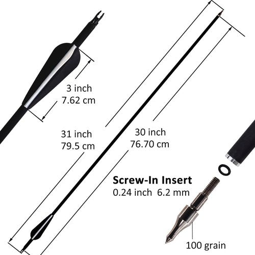 Luoyer 12Pcs Archery Hunting Arrows for Compound Bow Recurve Bow Carbon Arrows with Removable Tips Adjustable Nocks for Adults Hunting Targeting 30inch (Black Vanes)