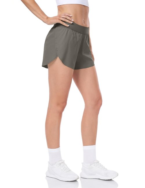 HeyNuts My Pace Running Shorts for Women, Mid Waisted Reflective Athletic Shorts Lined Workout Shorts 3" Grayish Green XS(0/2)