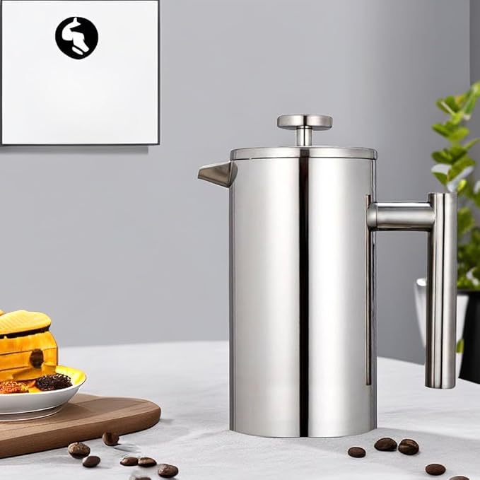 French Press Coffee Maker 34oz, Double-Wall Insulated French Press Stainless Steel 1L for travel camping, Included 2 Extra Screens and 1 Coffee Spoon (6-8cup 1000ml)