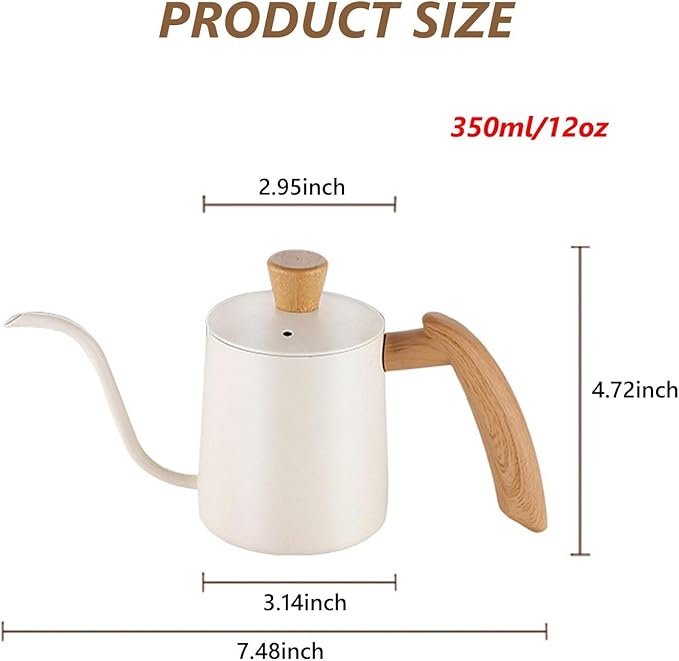 Pour Over Coffee Kettle Gooseneck Tea Pot 304 Stainless Steel Hand Coffee Maker Kettle-Barista Pour Control Design,Wood Handle and Long Narrow Spout Camping Kettle(Color: white,Size:12oz)