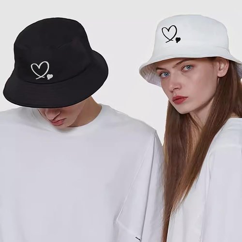 XYIYI Double Heart Black Fashion Embroidery Bucket Hat Cotton Beach Fisherman Hats for Women Girls