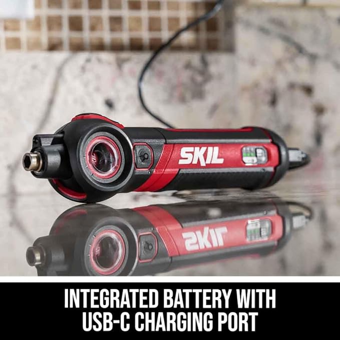 SKIL Twist 2.0 Rechargeable 4V Screwdriver with Pivoting Head, Torque Setting, USB-C Charging Cable, 28 PC Bit Set & Carrying Case- SD5619-02