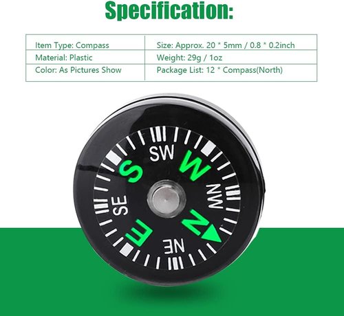 12Pcs Button Compass, Oil Filled Mini Pocket Button Compass for Camping, Hiking, Boating, Survival Bracelets Button Small