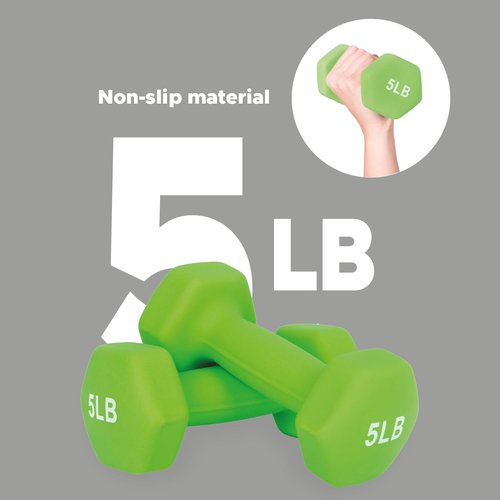 X-RUSH Neoprene Dumbbell 5lbs Hand Weights, Sets of 2 with Multiple Weight Options, Hexagon Non-Slip Weights for Home Gym Yoga Pilates Workout - Green