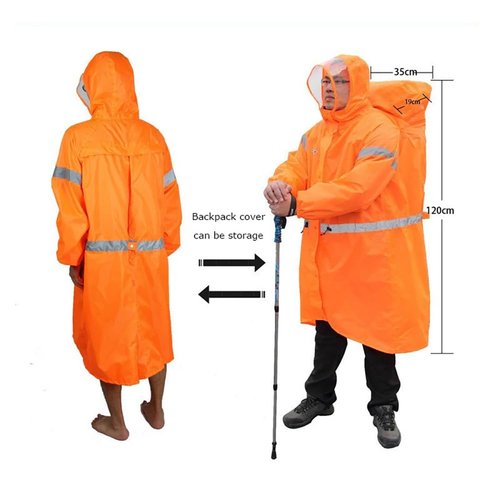 BlueField Unisex Reflective Outdoor Backpack Raincoat Rain Cover One-Piece Rain Poncho Cape Jacket for Hiking Camping Cycling (Orange, XL)