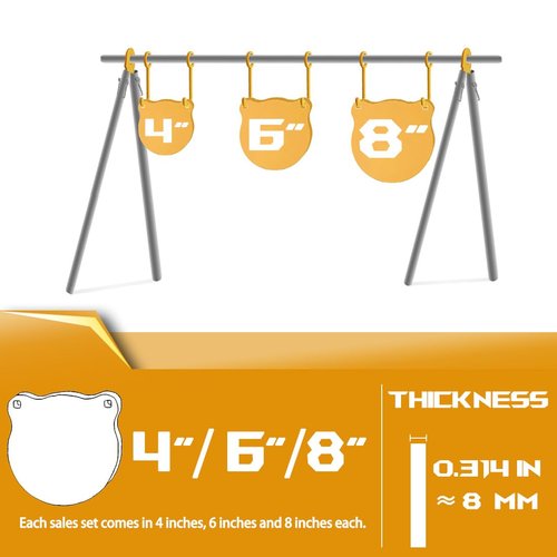KNUOPYT Ar500 Steel Shooting Targets 3/8" Gong Targets Hanging Kit - Laser Cut Including 3 Pcs 4”/6”/8” 6 Pcs Hanging Hooks 4 Pcs Lock Pins 2 Pcs Leg Brackets Yellow (Yellow-Circular-kit)