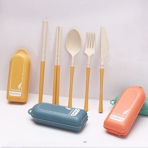 4Pack Folding Cutlery Set with Case, Travel Foldable Collapsible Portable Wheat Spoon Fork Straw Utensil Tableware for Picnic Camping