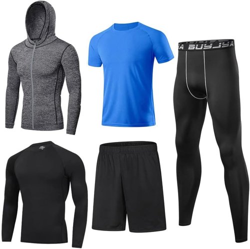 BUYJYA 5Pcs Men's Compression Pants Shirt Top Long Sleeve Jacket Athletic Sets Gym Clothing Mens Workout