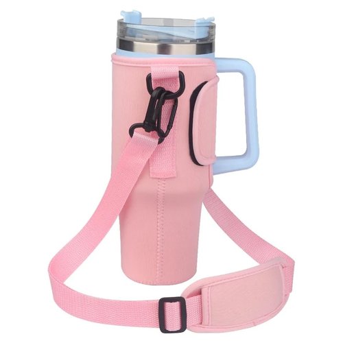 Generic Water Bottle Carrier Bag with Touchable Screen Phone Pocket for Stanley 40oz Tumbler - Neoprene Holder with Adjustable Strap and Straw Cover for Stanley Cup., Pink