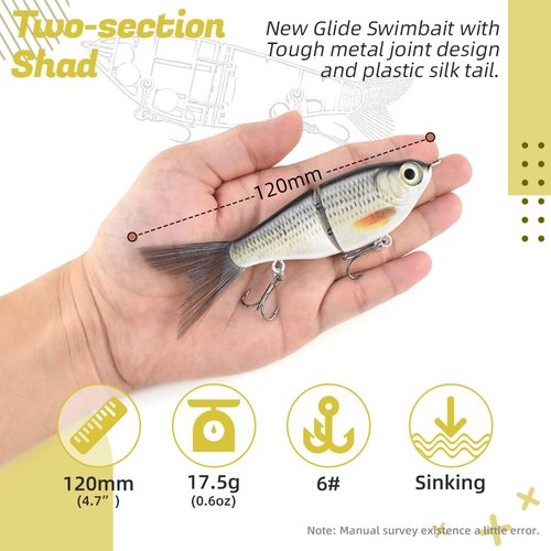 Uozaze Glide Bait for Fishing, Freshwater & Saltwater, Lifelike Jointed Swimbait for Bass, Trout, Walleye & More, Slow Sinking, 3 Count, 4.7" Medium, 0.62oz