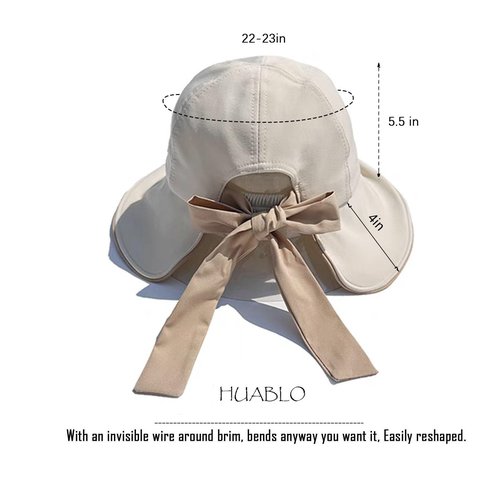 huablo Wide Brim Hats for Woman Foldable Hats Sun Hats for Women uv Protection Bowknot Fishing hat Adjustable hat with Ponytail Hole Beige