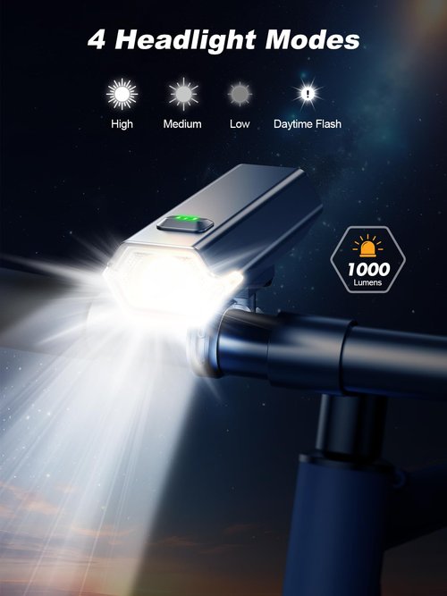 Cuvccn 1000 Lumen Super Bright Bike Lights, 4+6 Modes Rechargeable Bicycle Lights Front & Rear with Side Lights, IP65 Waterproof Scooter Accessories, Bike Headlight for Day/Night Riding Safety