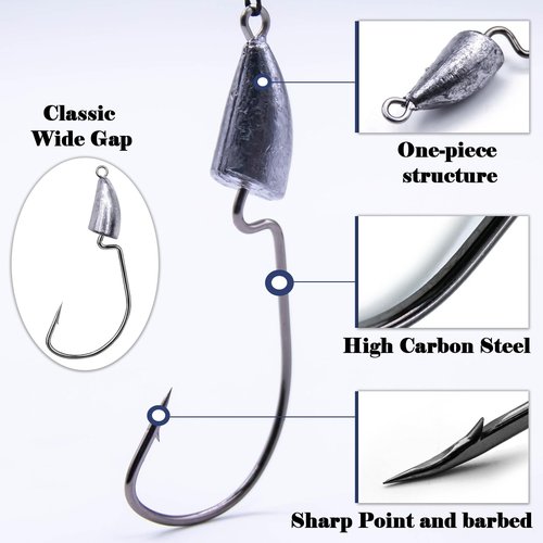 FishTrip Bullet Jig Head Weighted Hooks,10pcs Texas Rigs EWG Hooks for Bass Fishing Saltwater 1/16 oz