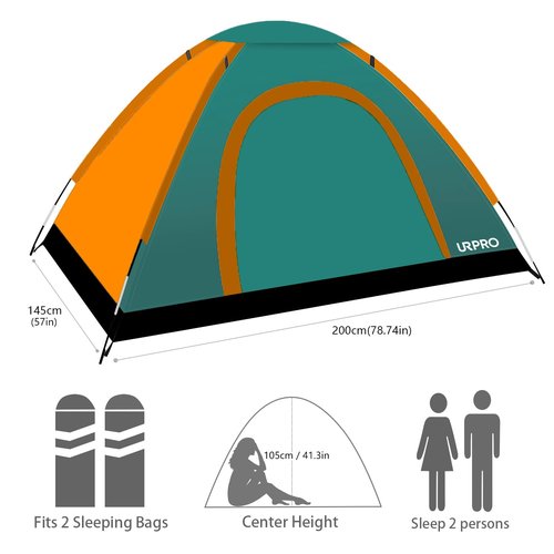 URPRO Portable Camping Tent, 2 Person Lightweight, Waterproof Windproof, UV Protection for Outdoor Orange & Green US