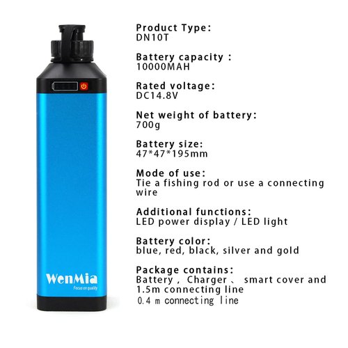 WenMia 14.8V Super Mini Electric Fishing Reel Battery IP68 Waterproof Aerospace Aluminum Body Compatible for Daiwa and Portable Design (Includes Quick Charger + 0.4m/1.5m Cable) (10000mAh)