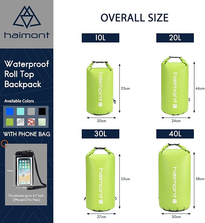 Haimont Waterproof Dry Bag Floating Dry Sack Roll Top Drybag Backpack for Kayaking, Rafting, Boating, SUP, Fishing with IPX8 Waterproof Phone Case, Love Bird Green, 30L