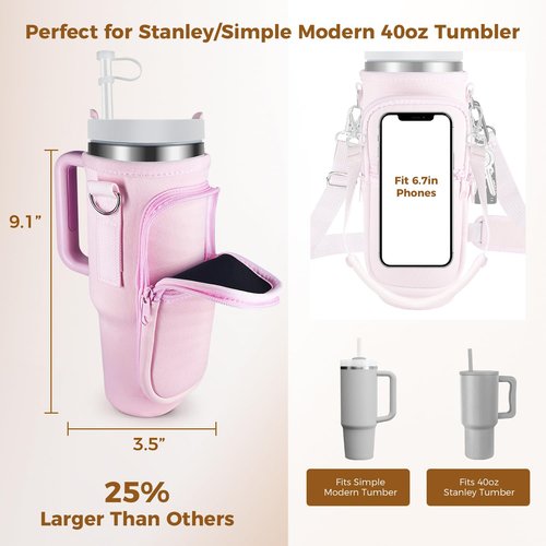 LORDTEC Water Bottle Carrier Bag with Phone Pocket & Straw Cover for Stanley 40 oz Tumbler, Water Bottle Holder with W/ 2 Adjustable Strap for Stanley Cup Accessories(Pink, Letter Charm B)