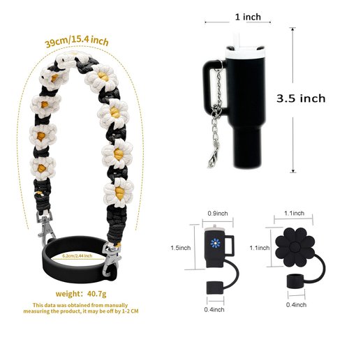 Wohoyee Water Bottle Handle Strap with Lipstick Holder, Silicone Straw Covers, Mini Cup Keychain Compatible with Flask & Stanley Cup Fits Most 16-40oz Water Bottle (Black)