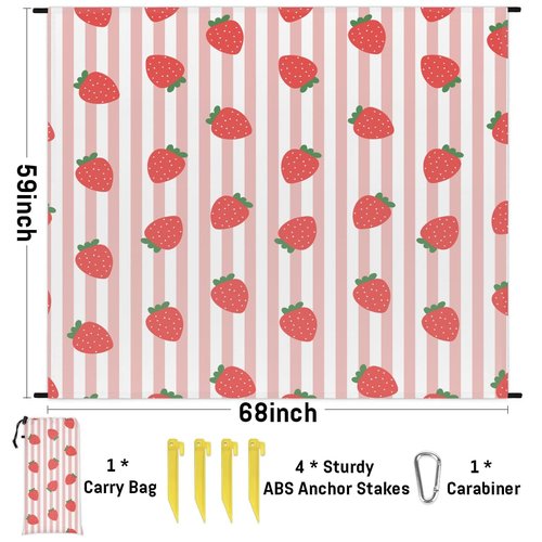 Eativisa Strawberry Strip Lightweight Beach Blanket Waterproof Sandproof 59"X68" Sand Free Beach Mat with 4 Stakes Compact Outdoor Blanket for Beach Quick Drying Picnic Mat for Travel Camping