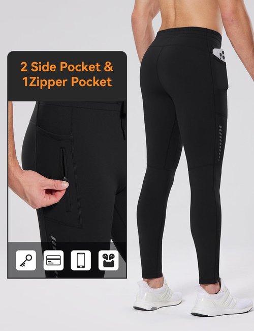 baleaf Men's Thermal Running Tights Winter Cycling Pants Fleece Lined Compression Leggings Zipper Pockets Cold Weather Gear Black XXL