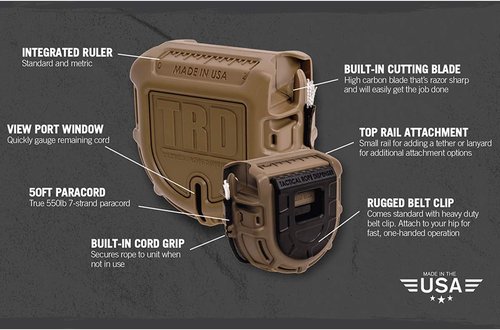 Atwood Rope MFG Tactical 550 Paracord Parachute Cord Rope Dispenser Black 50ft Spool TRD | Cutting Blade, Belt Clip, Cord Grip, View Port, Integrated Ruler