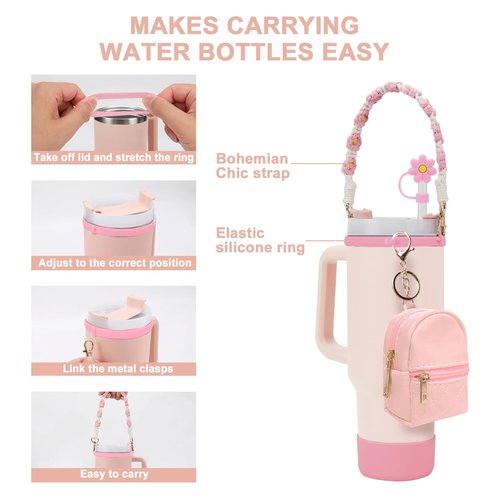 GODLIY 7 PCS Cup Accessories Set Including Water Bottle Handle Strap Silicone Boot,Coin purse,Silicone Cup Boot, Straw Cover for Stanley 30oz & 40oz Tumbler (Pink)