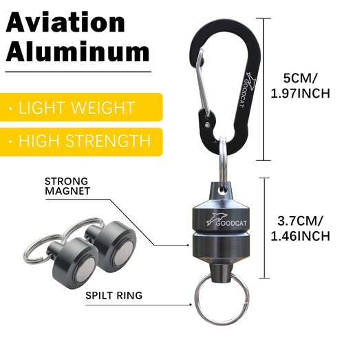 GOODCAT Strongest Magnetic Net Release Magnetic Keychain Fly Fishing Net Retractor Magnet Clip Holder Retractor with Retractable Coiled Lanyard Carabiner (B:Gun Metal+Black Carabiner)
