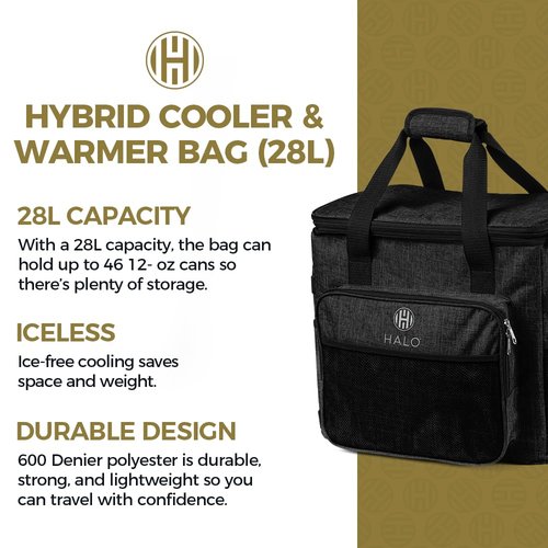HALO 28L Hybrid Cooler & Warmer Bag | Electric Travel Cooler, Collapsible for Easy Storage, Keep Drinks Cold & Food Warm, Ice Free Cooling, Includes Shoulder Strap, DC Power Cord & AC Adapter — Black
