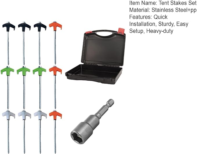 8" Screw in Tent Stakes - Ground Anchors Screw in, Screw in Tent Stakes Heavy Duty, Tent Pegs Camping Stakes, Metal Threaded Tent Spikes, Screw Tent Stakes with Hex Sleeves (12Pcs+Box Mix Color)