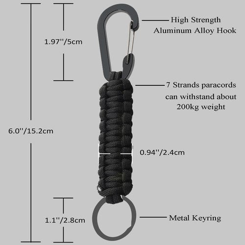 Paracord Keychain with Carabiner, Portable Military Braided Carabiner Key Chain Clip with Strap for Outdoors/Keys/Men/Women(Black+Black)