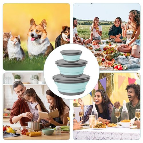 flintronic 3Pcs Collapsible Camping Bowl Sets, Portable Silicone Bowl with Lid, Folding Bowl, Portable Salad Bowl, Folding Lunch Box for Camping, Hiking, Kitchen, Green