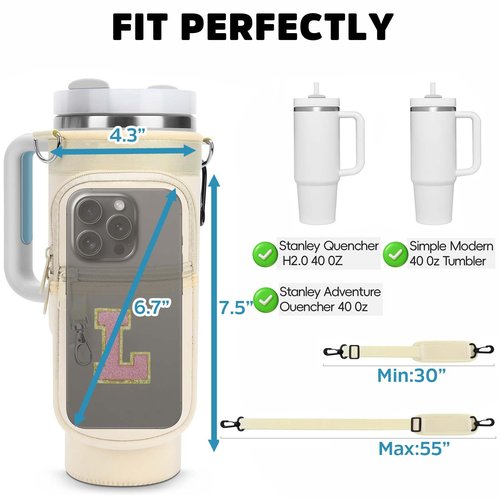 Water Bottle Carrier Bag for Stanley 40oz Tumbler with Phone Pocket, Bafezoze Water Bottle Holder with Strap, Initial Stanley Cup Accessories Letter C