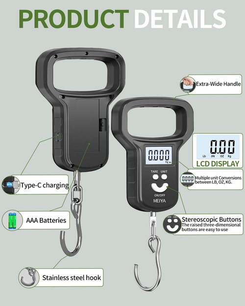 MEIYA Fish Scale/Fishing Scale: Dual Power (Battery/Rechargeable), Extra Wide Handle, Backlit LCD Display, Includes 2 AAA Batteries&USB-C Charging Cable, Fishing Gifts for Men (Black)