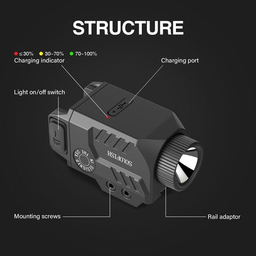 Solofish 800lm Slidable Pistol Light with Strobe & Momentary, Shockproof Gun Flashlight W/Power Level Indicator, Compatible with Picatinny Rail (21±0.5MM Width), Rechargeable