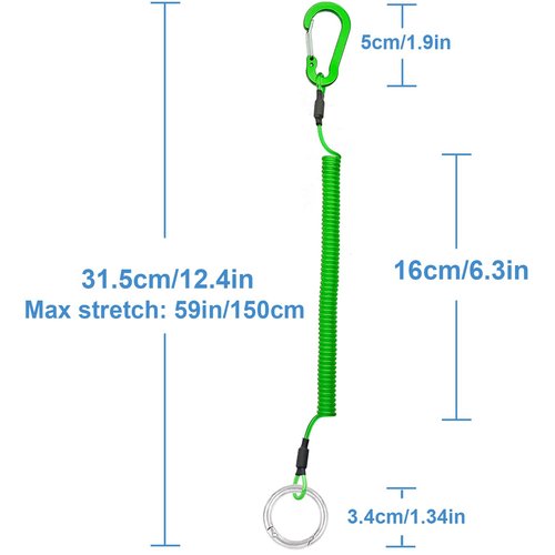 Lix&Rix Spiral Elastic Fishing Tool Sets Coiled Lanyards with Clips and Spring Rings, 2pcs Green