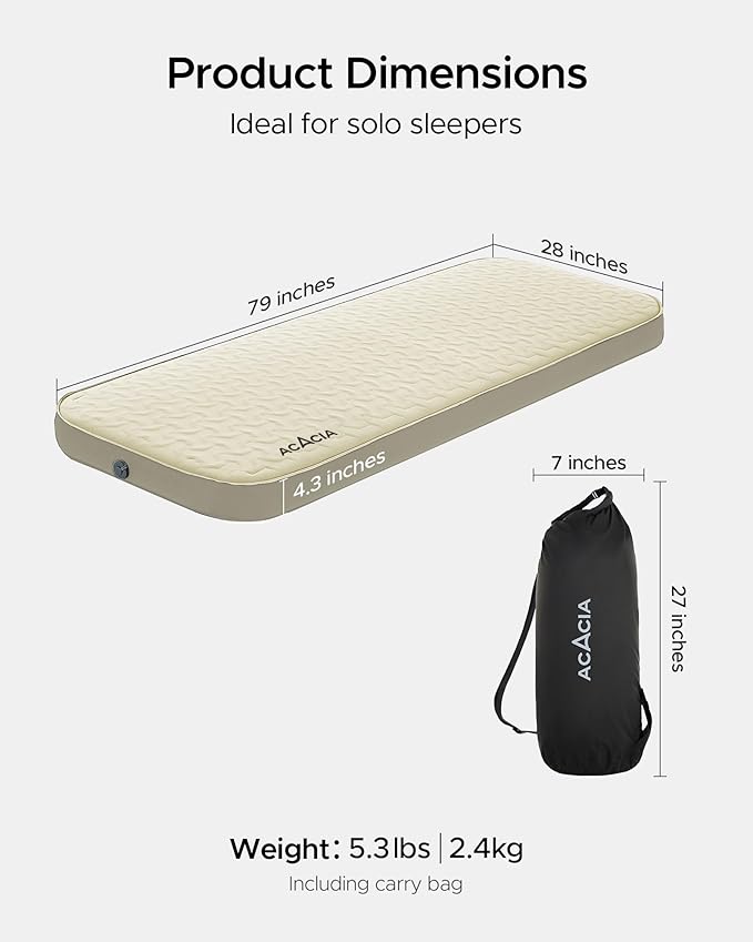ACACIA 4.3" Thick Self Inflating Sleeping Pad with Foam | Innovative Y-Shaped Telescopic Structure | Ultraportable Camping Mattress | Outdoor Compact Air Mat for Tent Car |