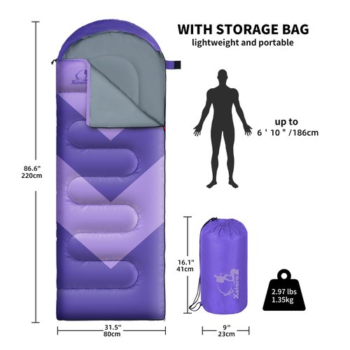 Sleeping Bag for Adults, Girls, Boys - 3 Season Warm & Cool Weather Lightweight Waterproof Camping Bag for Hiking Outdoor Travel - Palepurple