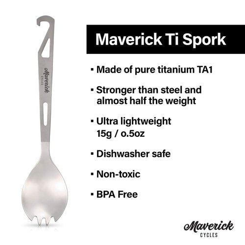 Maverick Cycles Titanium 3 in 1 Ti Spork, Spoon, Fork and Bottle Opener Combo, Camping Utensil Outdoor Hiking Backpacking Picnic, Small, Matte Silver