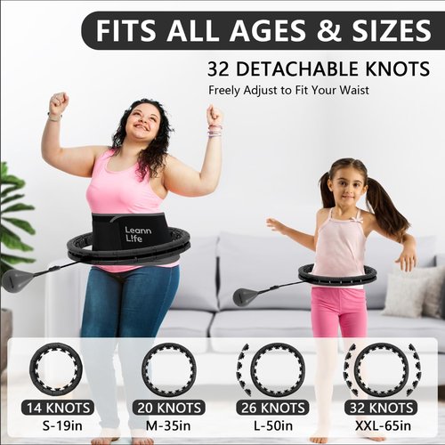 Leann L!fe 32 Knots 19”- 65”, Magnetic Lock Smart Weighted Hula Hoop for Kids & Adults Weight Loss, Infinity Hoop Plus Size, Fitness Exercise, Abdominal Toner, Black-Black Ball