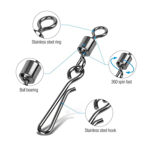 Realure 100 Pcs/5 Sizes Quick Change Fishing Rolling Connector Fishing Swivel with Hanging Snaps 4# 6# 8# 10# 12# Sea Fishing Snap Barrel Swivels and Clips for Connecting Fishing Lure & Line