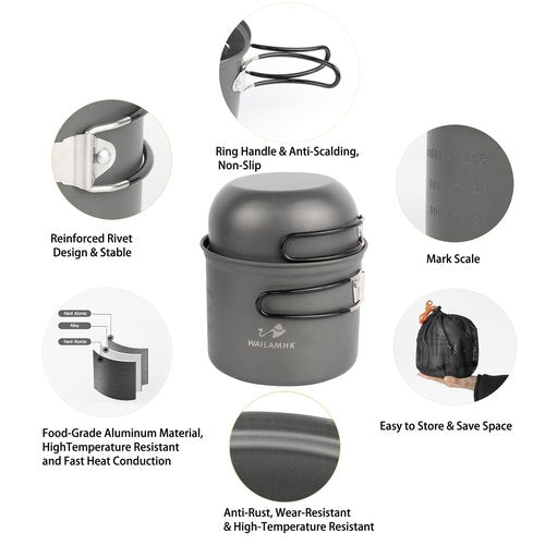 WAILAMHK Camping Cookware Mess Kit, 17 pcs Backpacking Cooking Gear, Lightweight Camping Pots and Stove Set for 3 Person, Outdoor Cooking Gear Ideal for Camping, Hiking, Backpacking and Picnic