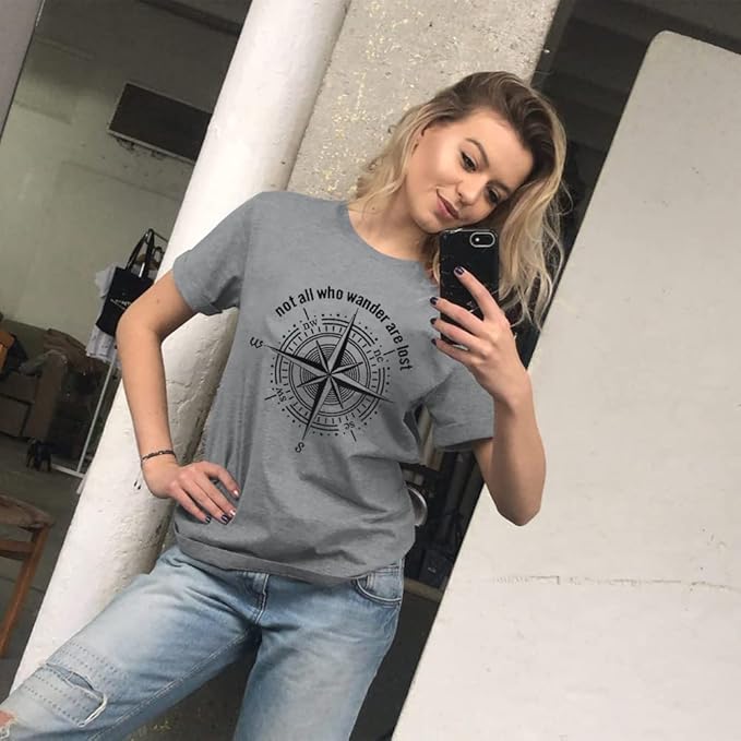 Womens Graphic T-Shirt Not All Who Wander are Lost Funny Tees for Women Summer Casual Tops Athletic Shirts