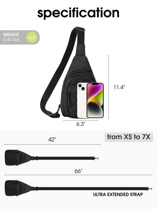 FORZAROCKET Sling Bag Double Compartment w/Long Strap 66" - Crossbody Bag w/Extended Strap - Women Men Fanny Pack - Two-Way Durable Zipper - Compact Sling Backpack - Plus Size Friendly, Black Quilted
