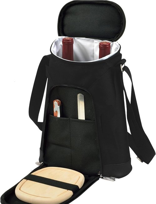 Insulated Wine Tote Bag for 2 Bottles with Cheese Board & Corkscrew - Olive Tweed
