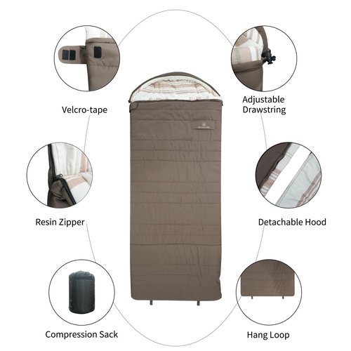 Mountainlodge Peach-Skin Shell and Cotton Lining Sleeping Bag for Adult Cold Weather&Warm with Compression Bag&Carry Bag and Detachable Hood for Camping,Travel and Car Camping (Brown with Right Hand)