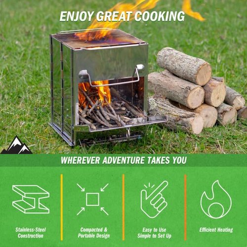 Camping Stove - Stainless-Steel Wood Burning Rocket Stove - Portable Grill for Beach, Picnic, Camp or Backpacking - Bushcraft Gear by Wakeman Outdoors