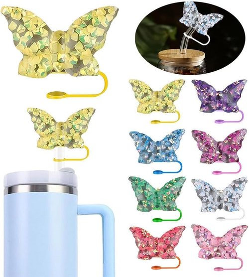 Butterfly Straw Covers for Stanley Cup, Bling Bow Straw Tips Lids Protectors - Dust-Proof, Reusable Silicone - Blue