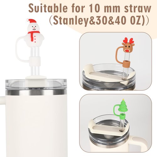 Silicone Straw Cover Cap Compatible with Stanley Cups 30 40 oz Toppers for Tumblers Reusable Dust Proof Straw Cover for 10mm Accessories (6pcs-Christmas)