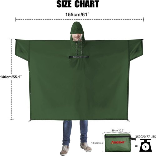 Andake Waterproof Rain Poncho for Adults Unisex,230T Ripstop Polyester,Raincoat Gear with Transparent Viewing Window Outdoors