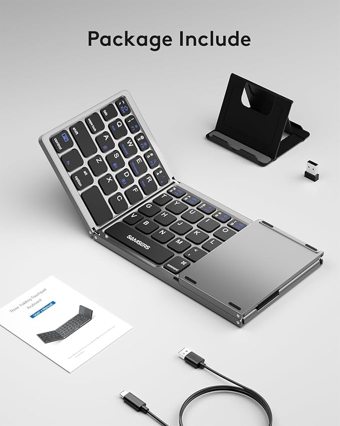 Samsers Multi-Device Foldable Bluetooth Keyboard with Touchpad Rechargeable Dual-Mode(2.4G+BTx2) Wireless Keyboard with Holder, Portable Ultra Slim Folding Keyboards for Android Windows iOS Mac OS